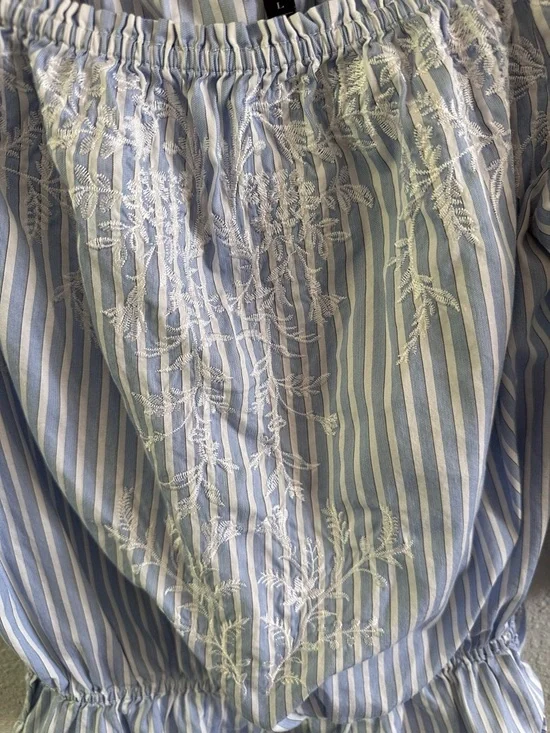 White House Black Market Off Shoulder Embroidered Blouse Blue Stripe Cotton L - Picture 3 of 14